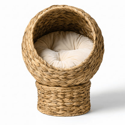 Maison pour chat intérieur osier rotin naturel au cocon tressé enveloppant avec coussin crème amovible