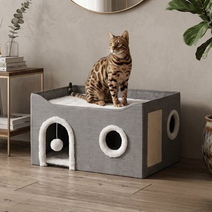 Maison pour chats à deux niveaux avec plateforme de repos cachette et panneau griffoir en sisal