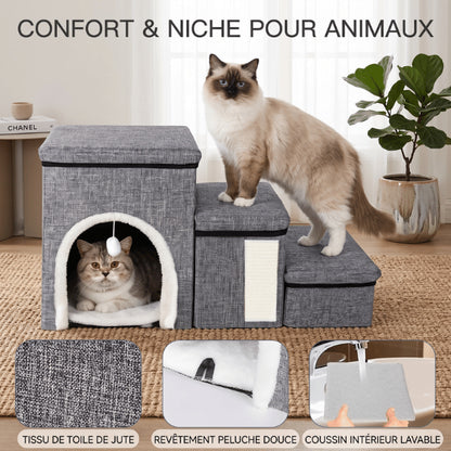 Maisonnette chat avec coussin intérieur lavable et revêtement en peluche douce