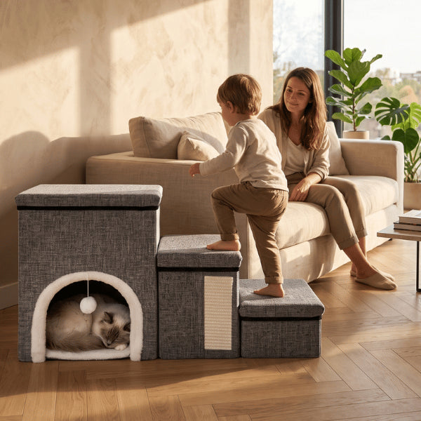 Maisonnette chat avec escalier trois marches facilitant l’accès au canapé