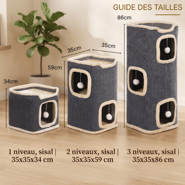 Maisonnette chats disponible en un deux ou trois niveaux avec dimensions compactes selon vos besoins