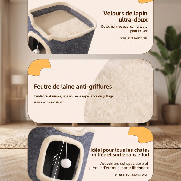 Maisonnette chats avec velours lapin feutre laine et grande ouverture confortable sécurisée