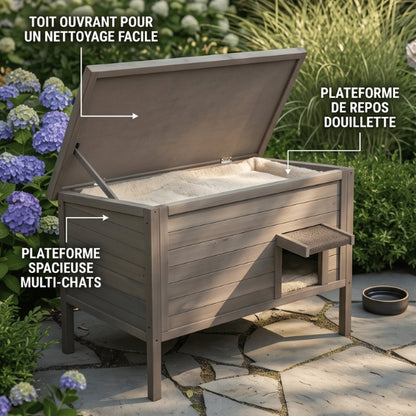 Maisonnette pour chats exterieur avec plateforme de repos toit ouvrant et espace spacieux isolé