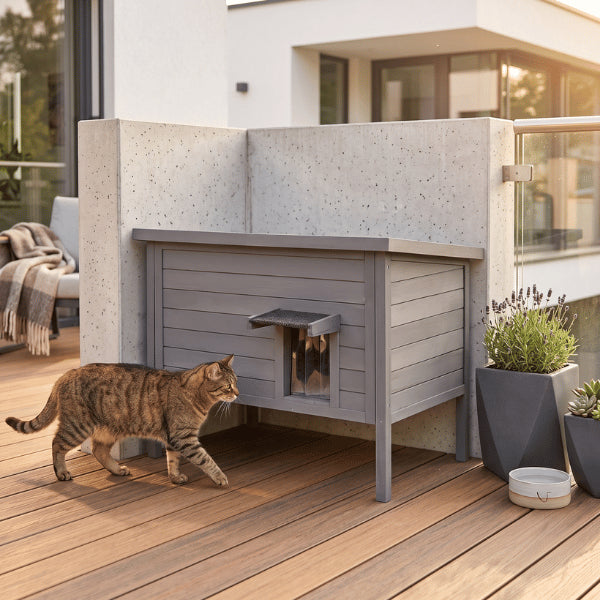 Maisonnette pour chats exterieur idéale sur terrasse avec entrée protégée contre le vent