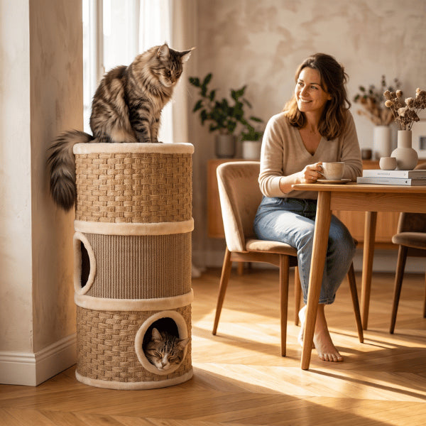 Maisons pour chat design intégrées harmonieusement dans un salon moderne et chaleureux