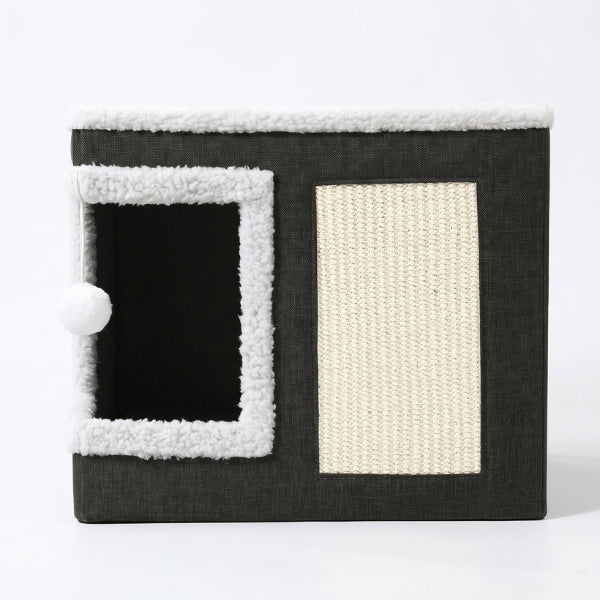 Niche a chat pliable avec griffoir sisal et balle suspendue pour jouer