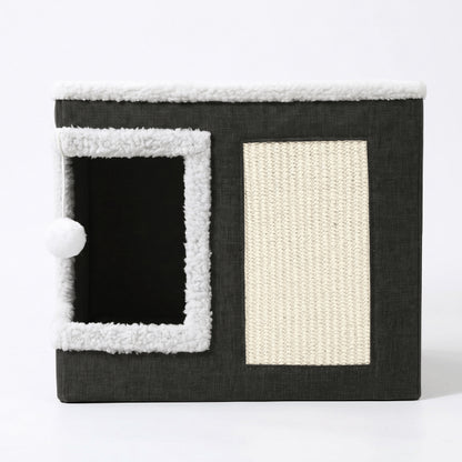 Niche a chat pliable avec griffoir sisal et balle suspendue pour jouer