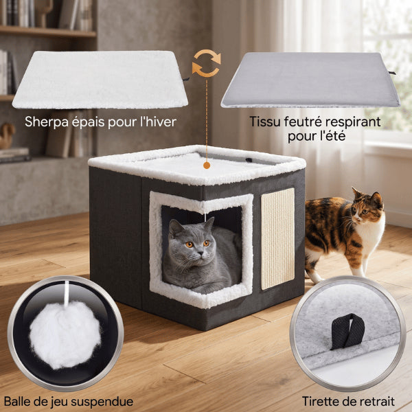 Niche a chat réversible avec coussin hiver été et balle suspendue interactive