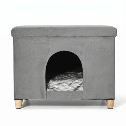 Niche à chat intérieure grise avec coussin moelleux et entrée adaptée aux grands chats