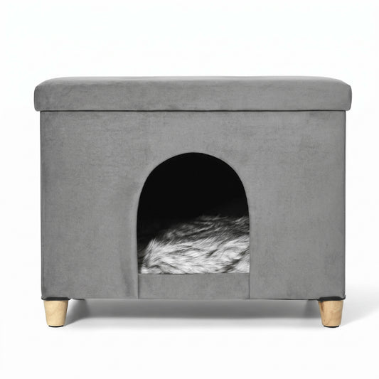 Niche à chat intérieure grise avec coussin moelleux et entrée adaptée aux grands chats