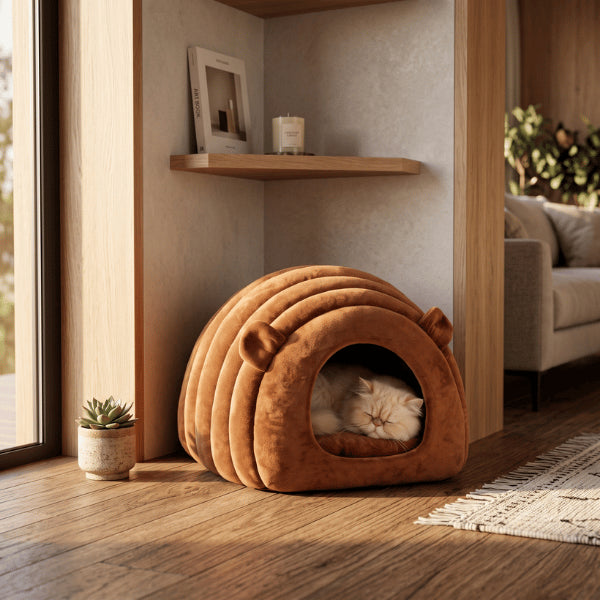 Niche chat persan confortable favorisant un sommeil profond dans un espace calme et chaleureux