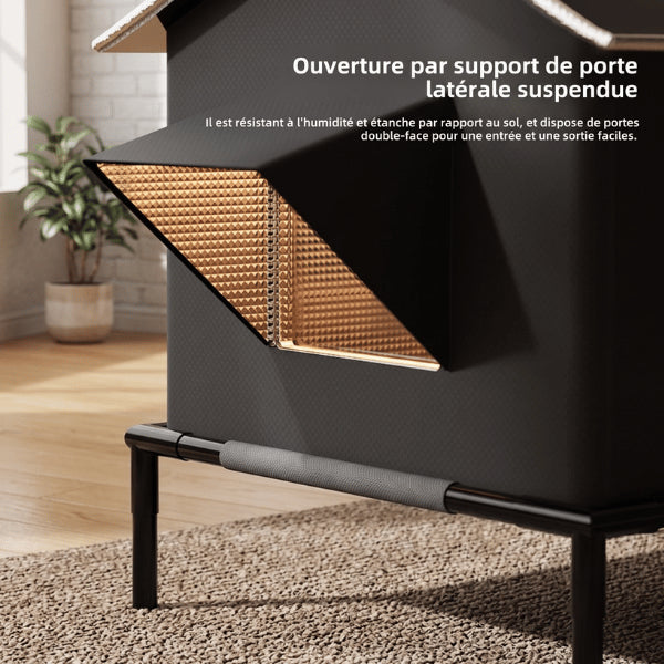 Niche chat extérieur avec entrée latérale protégée limitant efficacement froid vent et humidité