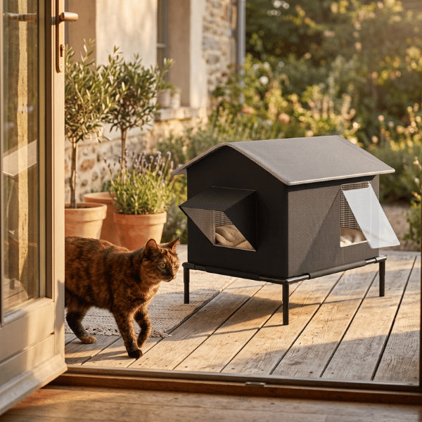 Niche chat extérieur idéale sur terrasse offrant un refuge confortable pour chats explorateurs