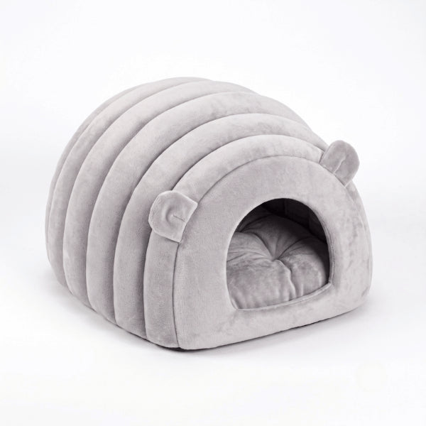 Niche chat grotte grise au design moderne offrant un couchage confortable et protecteur intérieur