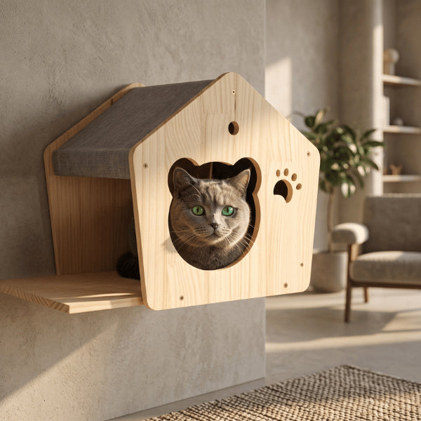Niche chat interieur en bois naturel créant une cachette murale rassurante