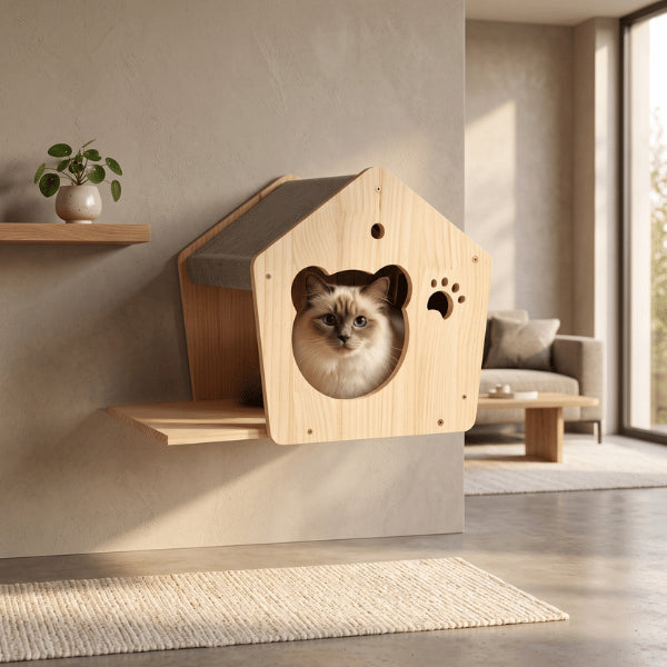 Niche chat interieur surélevée offrant repos confortable et gain de place