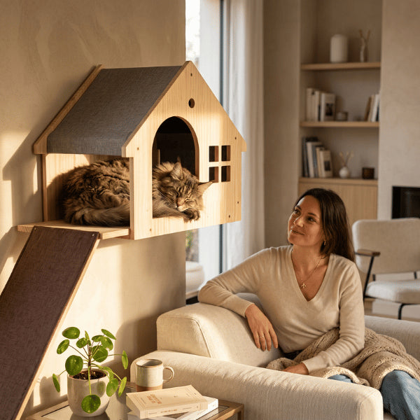 Niche chat interieur offrant un couchage mural surélevé près du canapé