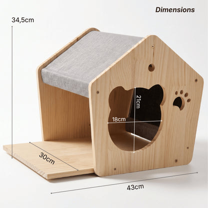 Niche chat interieur murale en bois avec ouverture féline et dimensions compactes