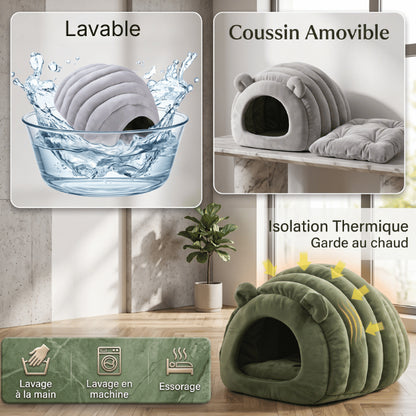Niche chat lavable avec coussin amovible offrant chaleur hygiène et entretien facile quotidien