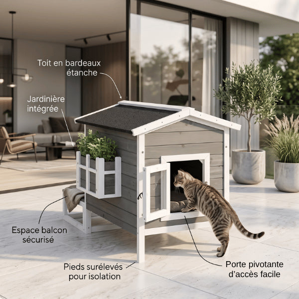 Niche exterieur pour chat avec balcon sécurisé protégeant durablement contre les intempéries