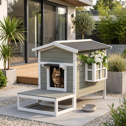 Niche exterieur pour chat en bois massif avec terrasse et refuge confortable
