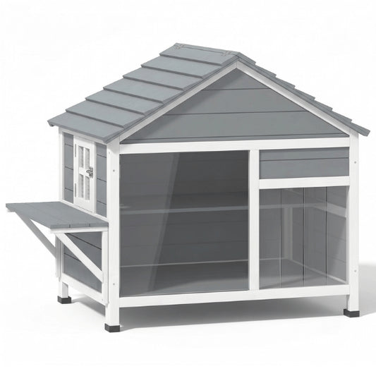 Niche pour chat extérieur design gris avec plateforme latérale et façade transparente panoramique