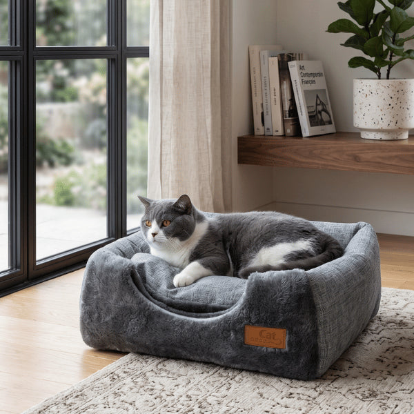 Niche pour chat avec panier assorti créant un espace chaleureux et sécurisant intérieur