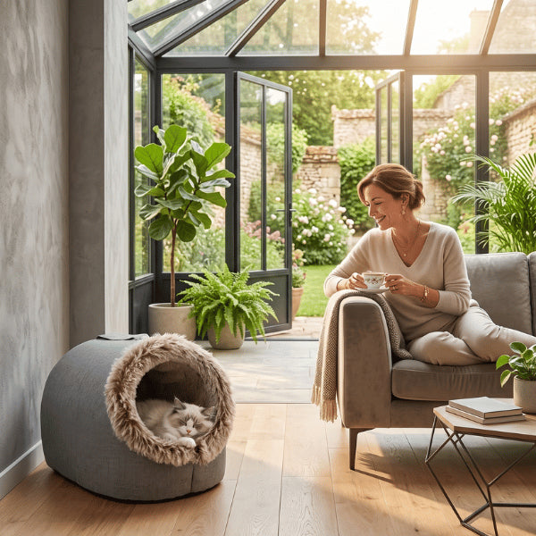 Niche pour chaton élégante intégrée dans une décoration intérieure moderne et chaleureuse