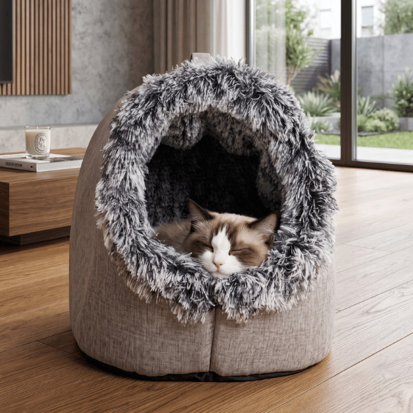 Niche pour chaton grise offrant un refuge apaisant contre le stress et l'anxiété