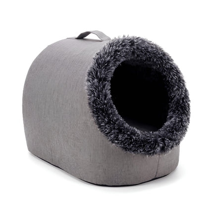 Niche pour chaton grise avec poignée pratique facilitant le déplacement dans toute la maison
