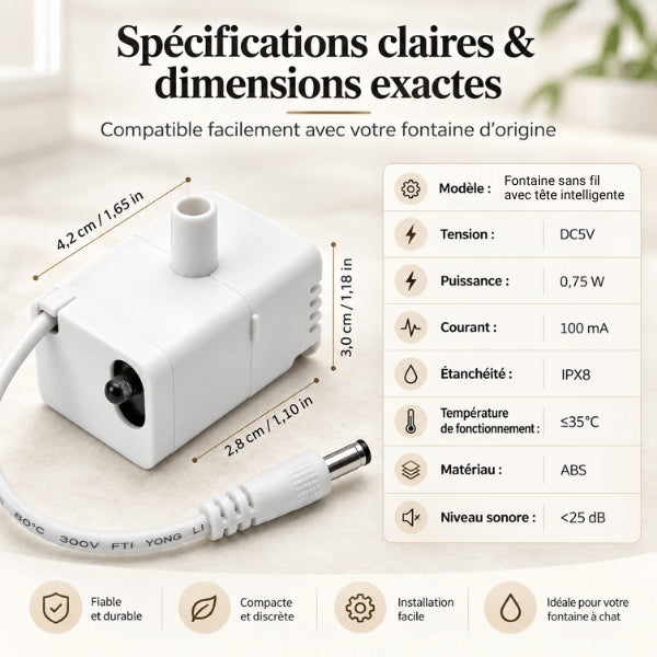 Pompe fontaine chat 5V IPX8 compacte avec dimensions et caractéristiques techniques