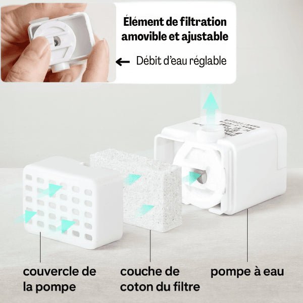 Pompe fontaine chat réglable avec filtre pour une meilleure hydratation et durée de vie