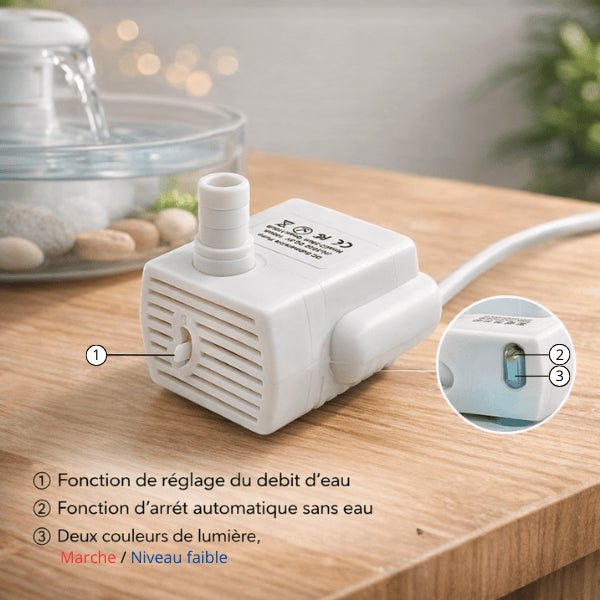 Fonctions de la pompe pour fontaine à chat avec réglage du débit et arrêt automatique