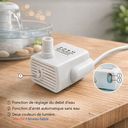 Fonctions de la pompe pour fontaine à chat avec réglage du débit et arrêt automatique