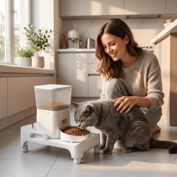 Support distributeur gamelle automatique surélevé pour soulager la position de repas du chat