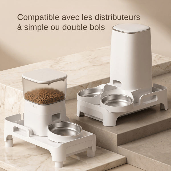 Support distributeur gamelle compatible avec configurations distributeur croquette à simple ou double bol