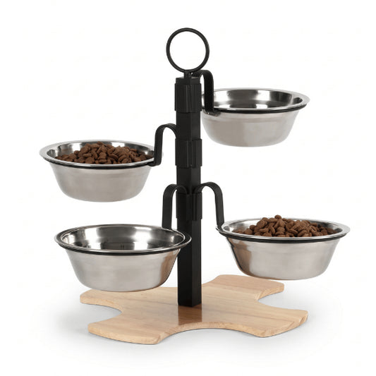 Support gamelle chat noir avec quatre bols inox surélevés et socle en bois