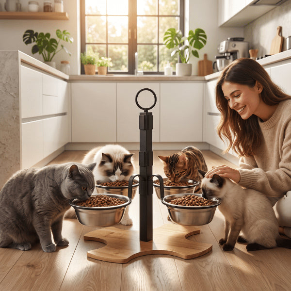 Support gamelle chat famille multi chats repas surélevé partagé réunis et confortable