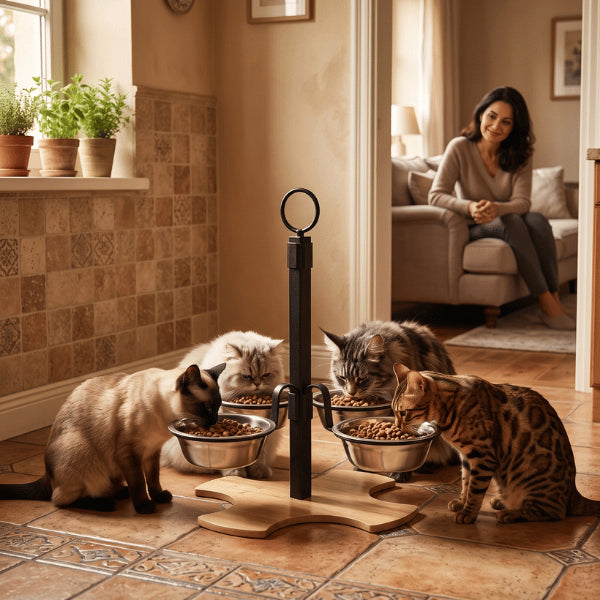 Support gamelle chat quatre bols permettant à plusieurs félins de manger simultanément