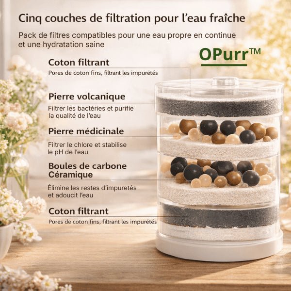 Filtration 5 couches pour fontaine chat avec coton filtrant, pierre volcanique, pierre médicinale et billes céramiques – OPurr™