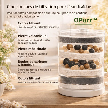 Filtration 5 couches pour fontaine chat avec coton filtrant, pierre volcanique, pierre médicinale et billes céramiques – OPurr™