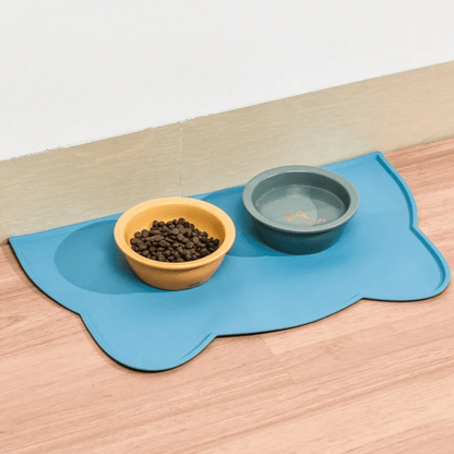 Tapis gamelle chat bleu silicone tête de chat avec gamelle croquettes et eau KittyPlacemat™