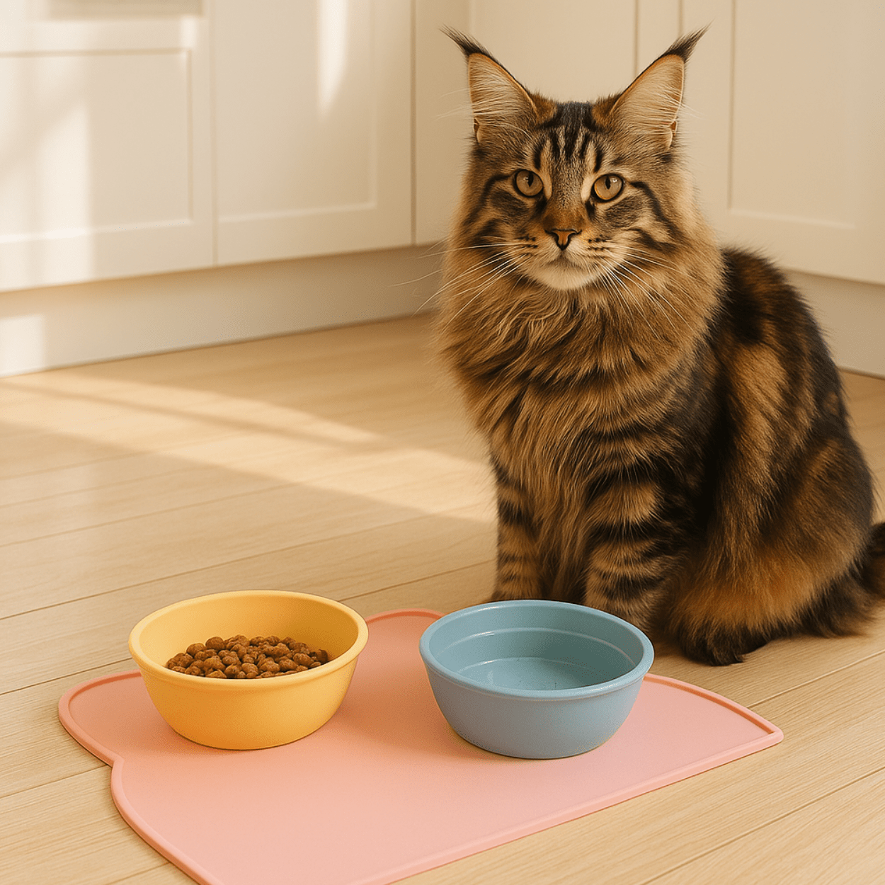 Tapis gamelle chat rose en silicone tête de chat avec maine coon cuisine KittyPlacemat™