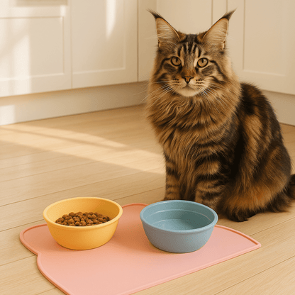 Tapis gamelle chat rose en silicone tête de chat avec maine coon cuisine KittyPlacemat™