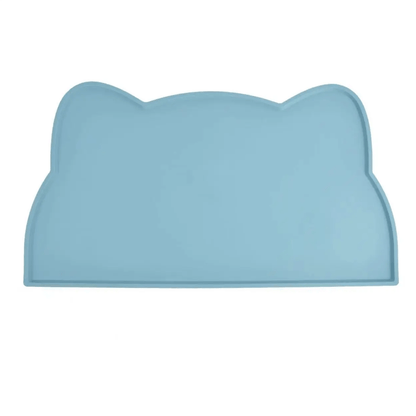 Tapis gamelle chat silicone bleu tête de chat anti débordement étanche KittyPlacemat™
