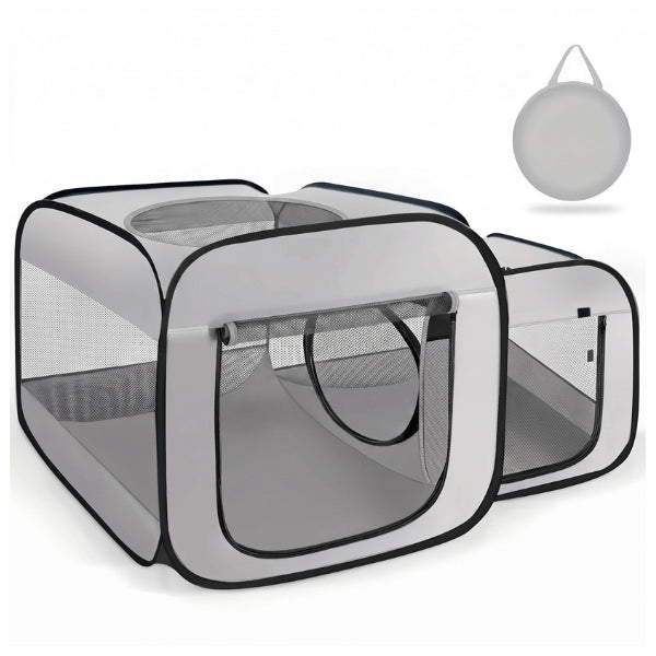 Tente pour chat grise double compartiment avec parc pliable et moustiquaires respirantes