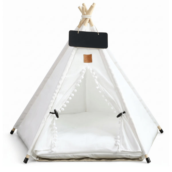 Tipi pour chat blanc avec coussin moelleux et petite ardoise décorative suspendue